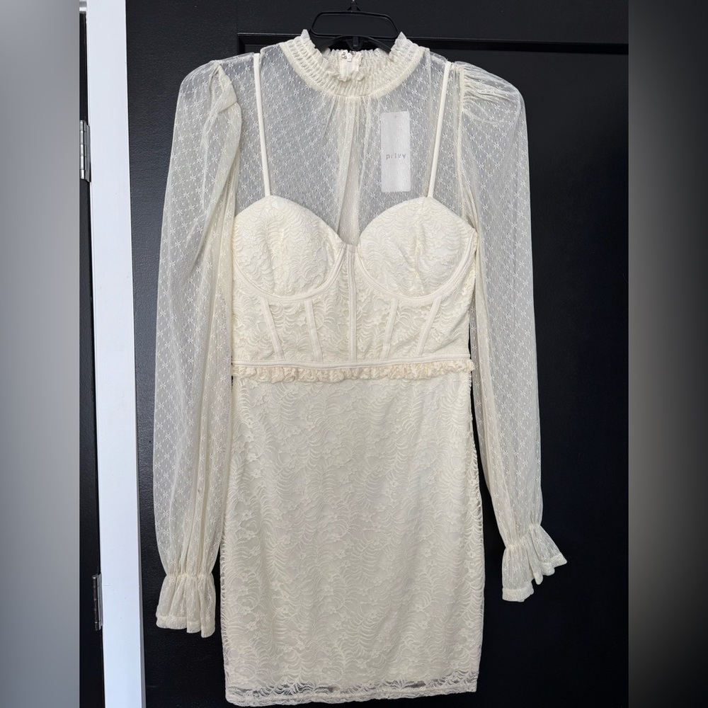 Vintage Inspired Ivory Lace Long Sleeve Corset Dress - Privy Brand